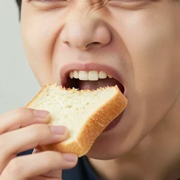 closeup headshot photo of the person who hates bread and is eating bread angrily, extreme details, extreme bird's-eye view, Nikon D850, f/3.5, ISO 100