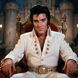 detailed, color film of elvis sitting on his throne in his castle, atmospheric lighting, in focus, blue reflective eyes, 3 5 mm macro lens, live action, nice composition, hyper real, photorealistic, octane render, artstation