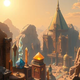 futuristic egyptian metropolis, highly detailed crystal and gemstone relics, bright sun magic hour, digital painting, solid cube of light, hard edges, artstation, sharp focus, illustration, 8 k highly detailed