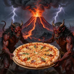 masked demons grabbing a large pizza!!!, in the background is a volcano spewing lava and black smoke, streams of glowing hot lava, flashes of lightning in the distance. wide angle, long shot, an ultrafine detailed painting by francisco de goya, deviantart, pop surrealism