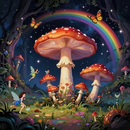 psychedelic mushrooms, enchanted cosmic forest, mushrooms on the ground, small fairies, stars in the sky, butterflies, rainbows, psychedelic, wide angle shot, vector art, fish eye lens, fantasy poster by helen huang and frank frazetta and salvador dali