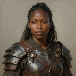 portrait painting of a round - faced black warrior woman with a ponytail wearing battered leather armor, sharp focus, award - winning, trending on artstation, masterpiece, highly detailed, intricate. art by james ryman