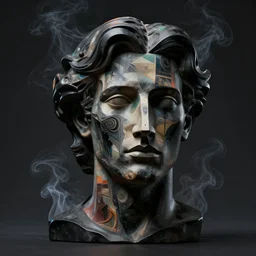 epic concept art. abstract male face silhouette mixing with black and color liquid fluid. abstract sculpture. art deco swirls. smoke simulation, vfx, cinema 4 d, tyflow. masterpiece, michelangelo. concept art, dark mood. matte painting. kandinski