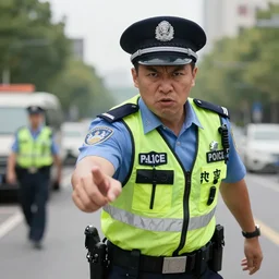 An angry police officer reaching towards