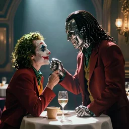 morbius and the joker on a date, romantic lighting, movie scene