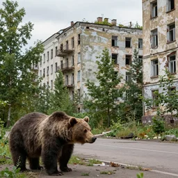 Moscow street city taken by nature, abadoned buildings with trees, hyperrealism, no blur, 4k resolution, ultra detailed, bears, style of John Berkey, Norman Rockwell, Hans Thoma, Ivan Shishkin, Tyler Edlin, Thomas Kinkad