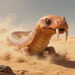 style artgerm, joshua middleton, conrad roset, a giant sandworm creature in the desert, long sharp teeth, sand swirling, detailed, desert background setting, volumetric lighting