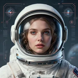 retrofuturistic portrait of a woman wearing an astronaut helmet, space graphics art in background, close up, quint buchholz, wlop, dan mumford, artgerm, liam brazier, peter mohrbacher, raw, trending on artstation, octane render, cinematic, elegant, intricate, 8 k