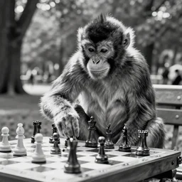 black and white portrait photo of a monkey playing chess in a park by annie liebovitz,