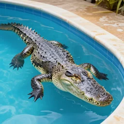 photos of a 2 0 foot salt water crocodile cooling off in a backyard swimming pool, national geographic style