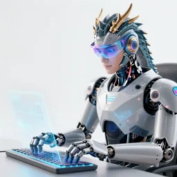 Medium close-up, male robot anthro dragon wearing a holographic visor, typing on a holographic keyboard, clean digital art, upscaled