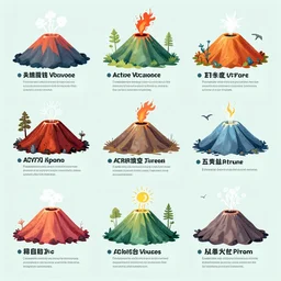 Infographic of active volcanoes, colourful, marginalia