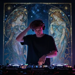 A man djing at night under the stars, beautiful, digital art, artstation, hyperrealistic, 4k, unreal engine, octane render, trending on artstation, art by Artgerm and Greg Rutkowski and Alphonse Mucha