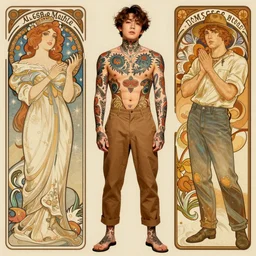 Jungkook completely covered with tattoos, fullbody tattoo, wearing shirt and pants pls, photo realistic illustration by greg rutkowski, thomas kindkade, alphonse mucha, loish, norman rockwell.
