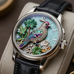 a steampunk sleek, jewelled, tropical bird repeater watch by Jaquet Droz, macro photography, F/2.8, trending on artstation, octane render