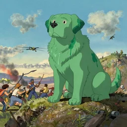 hyperrealist, graphic novel illustration of a bulky green alien labrador retriever with shaggy green fur with green dye sitting on a hill as the battle unfolds below, 9 0's hannah barbara fantasy animation, cinematic, movie still, studio ghibli masterpiece