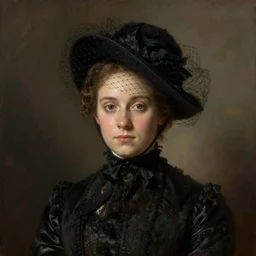 Portrait of a Young Victorian widow wearing a black veiled hat in the style of Rembrandt, Paul Gauguin, edge lighting, tonemapped, painterly