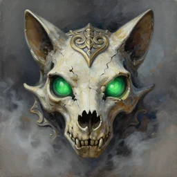 acrylic painting of a symmetrical ornate cat skull, necromancer's cat, glowing green eyes, cracked cat skull, rough brush strokes, rendered by seb mckinnon, rendered by alex ross, volumetric lighting, fog, 4 k, trending on artstation, rendered by beksinski, unreal engine, mtg