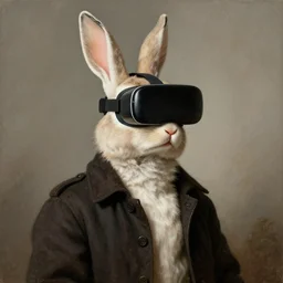 man dressed as a rabbit wearing vr - glasses painted by hieronymus bosch, digital art.