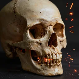close - up, studio photographic portrait, dramatic skull, burning red hot sparks rise, fiery orange glowing flying particles, chiaroscuro, realism, accurate, detailed, regular, unembellished, natural, 7 5 mm, canon, by annie leibovitz