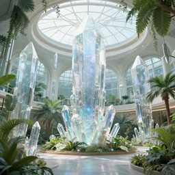 Matte painting of the interior view of giant botanical museum. Magitech aetherpunk crystals. Train station. Fantastical, detailed digital art trending in artstation