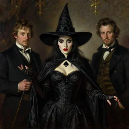 madelaine petsch as the witch of spades, cinematic lighting, high quality, very detailed, oil painting by by j. c. leyendecker, gaston bussiere,, craig mullins