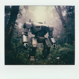 oversized robocar robot mech, fog, in deep jungle forest jungle, overcast! cinematic focus, old damagaed polaroid photo, vintage, neutral colors, faded!! very soft lights, big overcast, very foggy, full shot by steve hanks, by serov valentin, by lisa yuskavage, by andrei tarkovsky