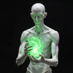 marble statue of a scary thin, tall and bald man with no ears, holding a vortex in his hands, his eyes are closed, the vortex glows from an internal neon green light, black background, photorealistic, extremely detailed, close shot, unreal engine, 4 k