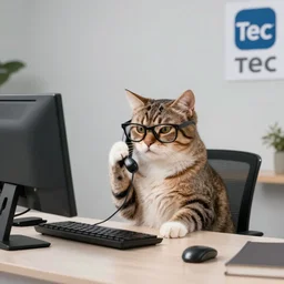 a wide photo of a cat wearing glasses making an important phone call while sitting in front of its computer at its desk, angry phone call to tec support