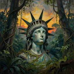stolen lady iberty head abandoned in a jungle .surrounded by tall vines in oversized jungle, moody sunset and dramatic sky , oil painting by frazetta, low angle, postapocalyptic, cinemascope panorama