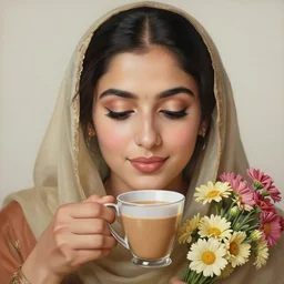 people having chai, happy, flowers, absurdly beautiful, elegant, highly realistic ultrafine hyperrealistic painting by salman toor, perfect face geometry, intricate linework, sharp focus, bright colors, matte, unreal engine highly rendered, global illumination, radiant light, intricate environment