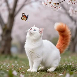 white cat with fluffy red tail like fox tail playing with butterfly at sakura forest, high detailed, hyper realistic, photorealistic, ray tracing, leica 8 5 mm