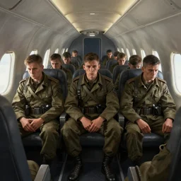 soldiers with an emotionless look on their faces sitting inside a plane on their way to the battlefield, digital painting, highly detailed, illustration, intricate, in the style of grek rutkowski