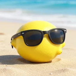 a lemon on the beach wearing sunglasses, octane render