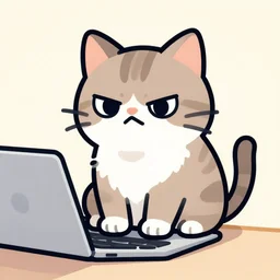 vector illustration of a grumpy looking cat looking at me, the cat is sitting on the keyboard of a laptop, digital art, cute, illustration, vector