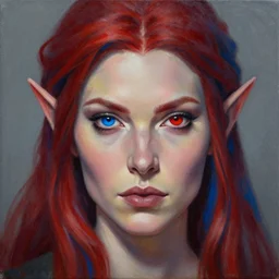 A detailed matte oil on canvas head on symmetrical portrait of a distinguished elven woman with a blue eye and a red eye, and red and blue hair by Charlie bowater and lise deharme, trending on artstationhd,  dungeons and dragons art critical role