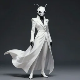 full body portrait of a character in sleek clothes, in a futuristic flowing white tailcoat, wearing a white insectoid mask with many lenses for eyes, many eyes, dramatic lighting, illustration by Greg rutkowski, yoji shinkawa, 4k, digital art, concept art, trending on artstation