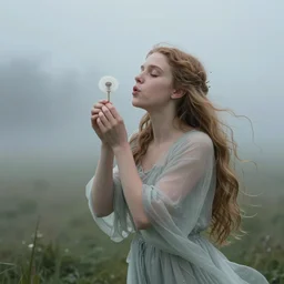 gorgeous awe - inspiring fairy appears from a misty landscape, blowing dandelion flower in a soft breeze, fantasy concept art, mystical, smooth, sharp focus, volumetric lighting, in the style of the lord of the rings, artstation, cinematic color grading