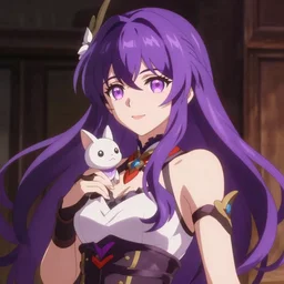 anime screenshot of a female character with purple long hair and a small pet