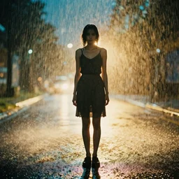a 2 8 mm macro photo of a woman standing in the rain, long exposure, misty, night, splash art, movie still, bokeh, canon 5 0 mm, cinematic lighting, dramatic, film, photography, golden hour, depth of field, award - winning, anamorphic lens flare, 8 k, hyper detailed, 3 5 mm film grain