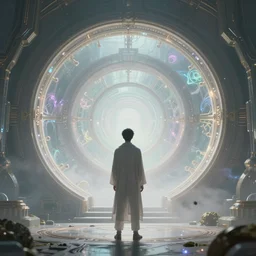 back view of man!!!!!!!!!! standing in front of an interdimensional warp gate, a magical round!!!!!!!!!! gate, dreamy, ethereal, concept art by greg rutkowski and dan mumford, highly detailed, trending on artstationhq