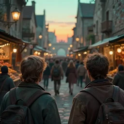 close behind the back of two fantasy adventurers, extreme close up of two adventurers in street, shallow depth of field, roger deakins, busy market street, big crowd, sunset, street lamps, fantasy medieval city, extremely crowded, spice shop, royo, greg rutkowski, digital art, cinematic, teal orange color palette