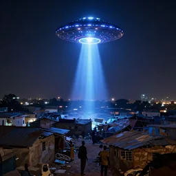 UFO in Ajegunle slums of lagos beaming neon ray of light,