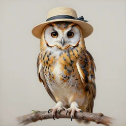 realistic portrait beautiful painting of japanese owl, colorful bird feathers, wearing woman hat. full body, fine art, trending on artstation, smooth draw, sharp focus, digital art, bright colors, fine draw, perfect lighting, high render, high resolution.