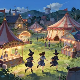 young witches running around exploring small town carnival amusement, food stalls, big top circus tent, highly detailed, magicical, japan, digital painting, concept art, matte, art by ruan jia and wlop and greg rutkowski and makoto shinkai, masterpiece