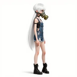a grungy woman with short white pixie cut hair, soft eyes and narrow chin, dainty figure, long hair straight down, torn overalls, short shorts, combat boots, gasmask, basic white background, side boob, symmetrical, single person, style of by jordan grimmer and greg rutkowski, crisp lines and color,