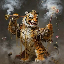 masterful fantastic realist painting an exotic ancient feathered and bejeweled bird wearing an exquisitely painted bugaku mask of a tiger, gold chains strung like tinsel, digital painting trending on artstation, viciously blinded, bugaku tiger cosplay, swinging holy censors with thick smoke, beautiful flowers launched into space, volumetric lighting and mist, 3 / 4 portrait painting, hyperrealistic