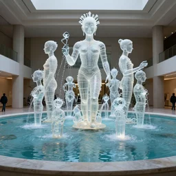majestic futuristic glass fountain in the museum of gods, water, pond, art installation, contemporany art, biennale, 3 d printing