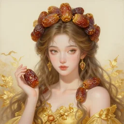 epic painting, full figure portrait of beautiful goddess with with golden sweet dried dates fruits, medjool dates, dried dates crown,, golden tea leaves background, golden glow background, drawing, photography by amy leibowitz, wlop, jeremy lipkin, beeple, intricate golden fractals, brown hair, symmetrical front portrait, artgerm