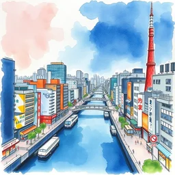 city of tokyo, watercolor